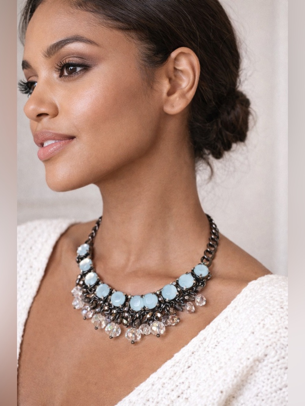 Ann Taylor Aqua Blue Crystal Statement Necklace Gunmetal Chain